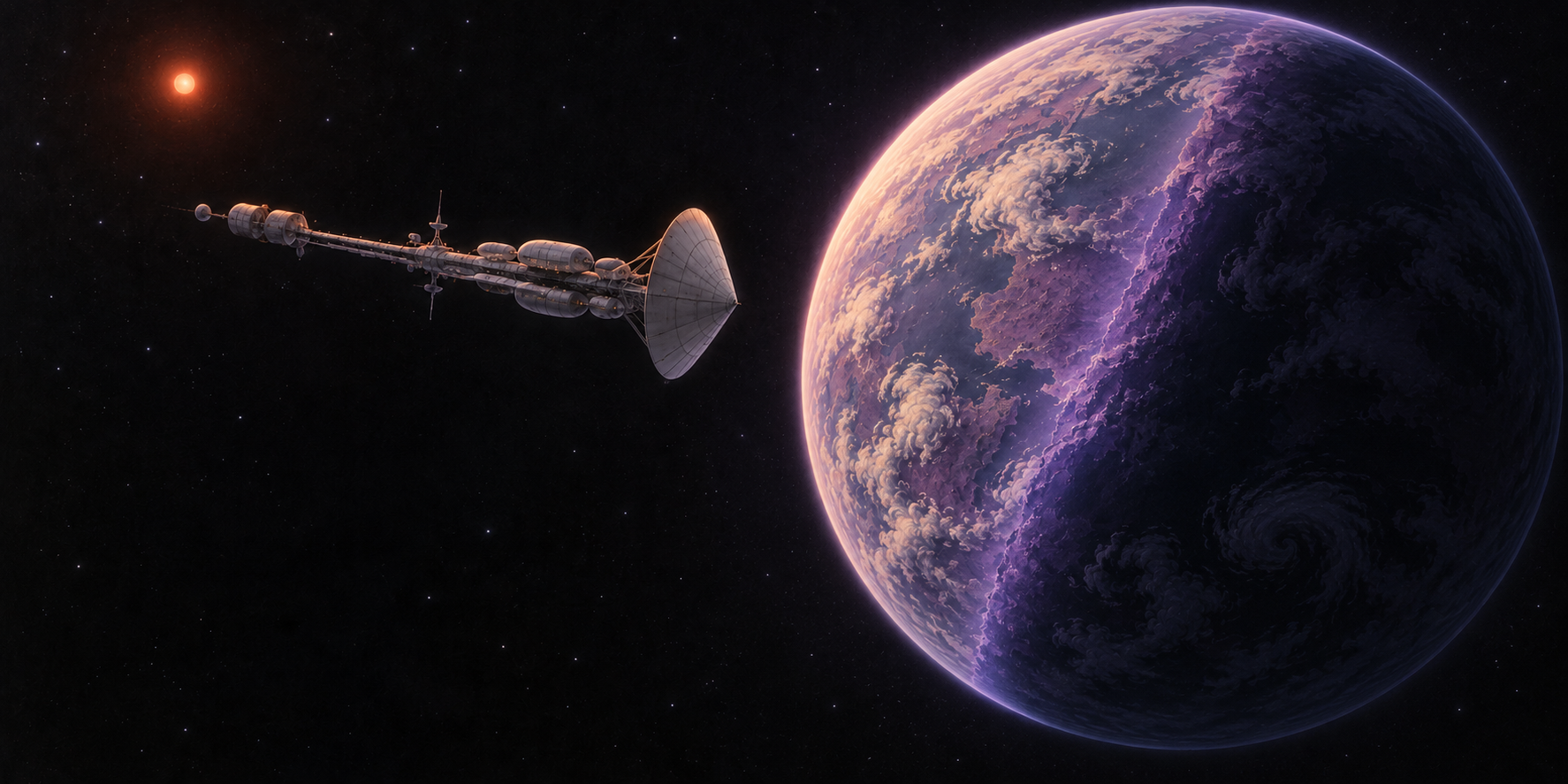 A long colony ship approaches Violet beneath a red dwarf. A narrow violet twilight zone curves between the planet’s bright day side and dark night side.